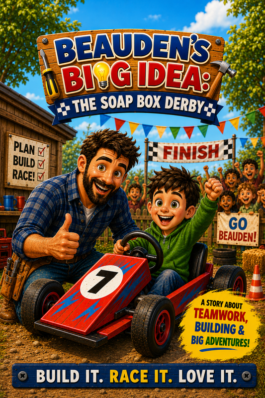 Book cover of 'Beauden's Big Idea: The Soap Box Derby' with a father and son in a soap box derby car.