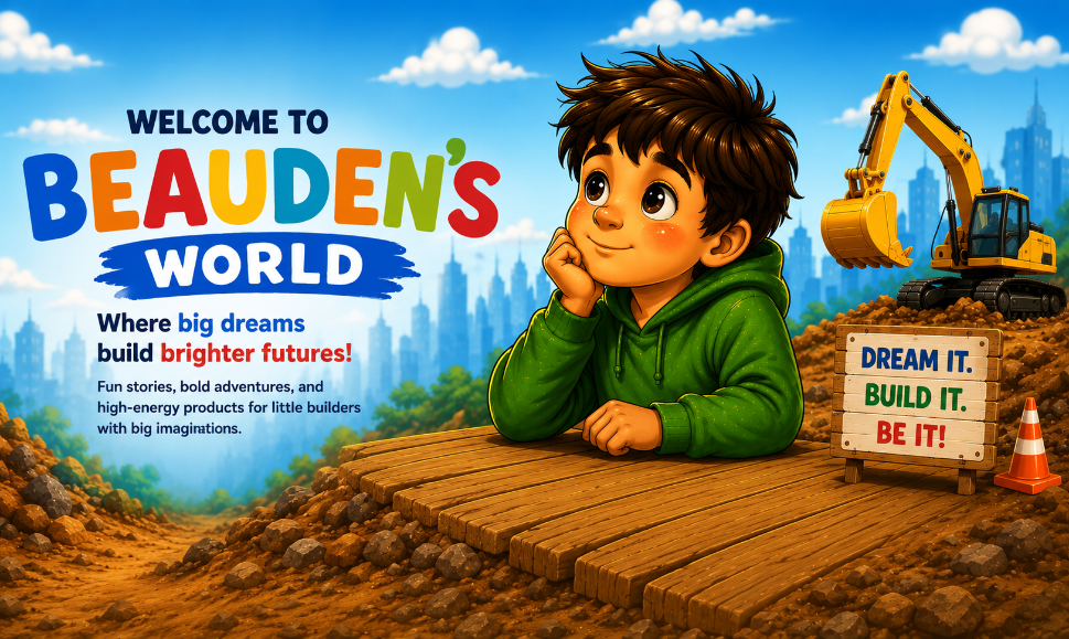 Cartoon boy in a green hoodie with construction equipment and 'Beauden's World' branding.